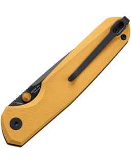 Bestechman Velix Button Lock 14C28N stainless steel Black PVD coated Yellow G10 handle Ostap Hel Design