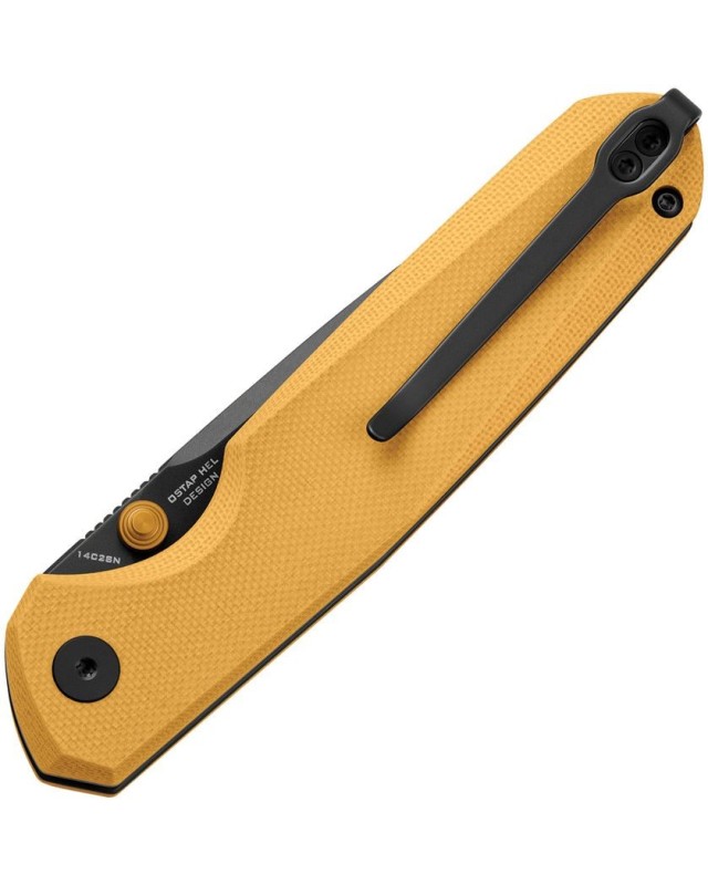 Bestechman Velix Button Lock 14C28N stainless steel Black PVD coated Yellow G10 handle Ostap Hel Design Bestechman Velix Button Lock 14C28N stainless steel Black PVD coated Yellow G10 handle Ostap Hel Design