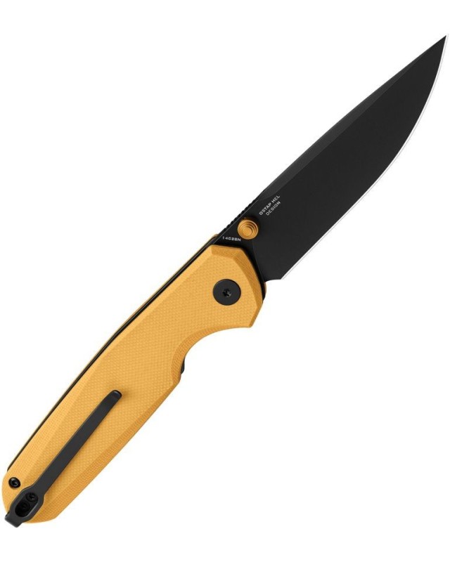Bestechman Velix Button Lock 14C28N stainless steel Black PVD coated Yellow G10 handle Ostap Hel Design Bestechman Velix Button Lock 14C28N stainless steel Black PVD coated Yellow G10 handle Ostap Hel Design