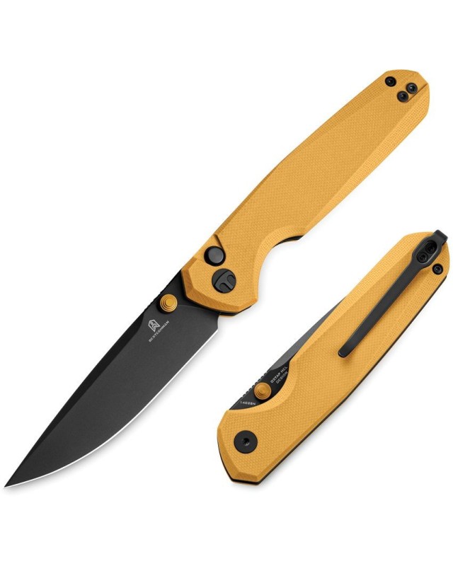 Bestechman Velix Button Lock 14C28N stainless steel Black PVD coated Yellow G10 handle Ostap Hel Design Bestechman Velix Button Lock 14C28N stainless steel Black PVD coated Yellow G10 handle Ostap Hel Design