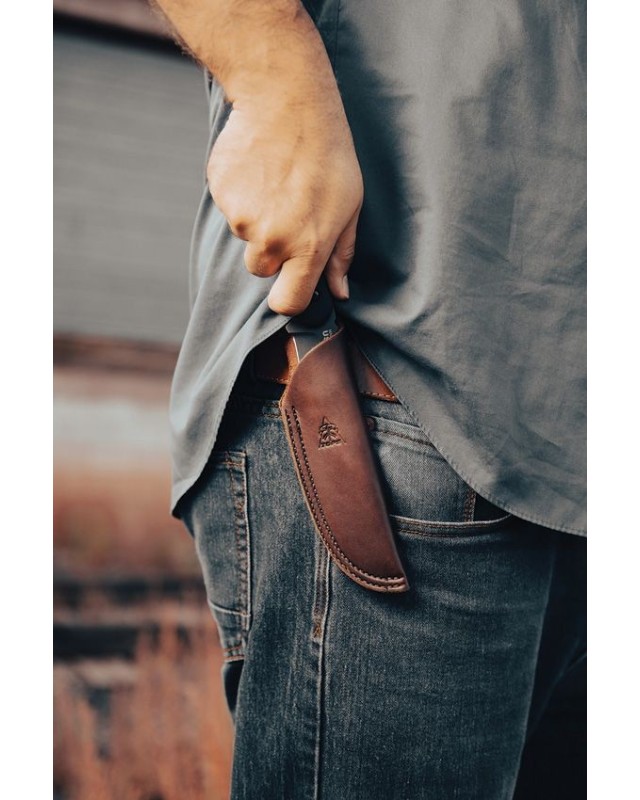Tex Creek Hunter Fixed Blade 1095HC steel Sniper Gray finish black micara waxed brown leather sheath Tex Creek Hunter Fixed Blade 1095HC steel Sniper Gray finish black micara waxed brown leather sheath