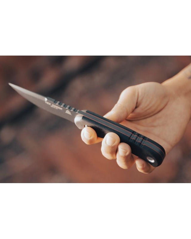 Tex Creek Hunter Fixed Blade 1095HC steel Sniper Gray finish black micara waxed brown leather sheath Tex Creek Hunter Fixed Blade 1095HC steel Sniper Gray finish black micara waxed brown leather sheath