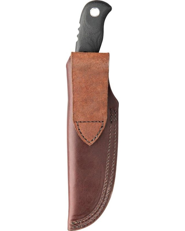 Tex Creek Hunter Fixed Blade 1095HC steel Sniper Gray finish black micara waxed brown leather sheath Tex Creek Hunter Fixed Blade 1095HC steel Sniper Gray finish black micara waxed brown leather sheath