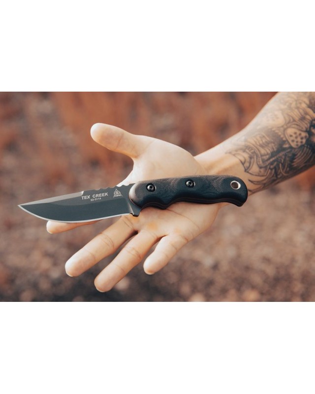 Tex Creek Hunter Fixed Blade 1095HC steel Sniper Gray finish black micara waxed brown leather sheath Tex Creek Hunter Fixed Blade 1095HC steel Sniper Gray finish black micara waxed brown leather sheath