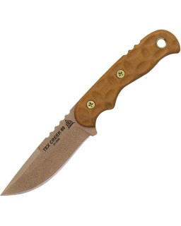 Tex Creek Hunter Fixed Blade 1095HC steel Tan finish sculpted Tan micara handle waxed brown leather sheath