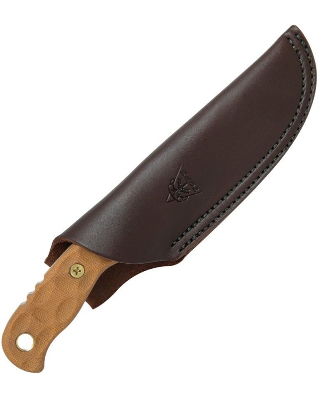 Tex Creek Hunter Fixed Blade 1095HC steel Tan finish sculpted Tan micara handle waxed brown leather sheath Tex Creek Hunter Fixed Blade 1095HC steel Tan finish sculpted Tan micara handle waxed brown leather sheath