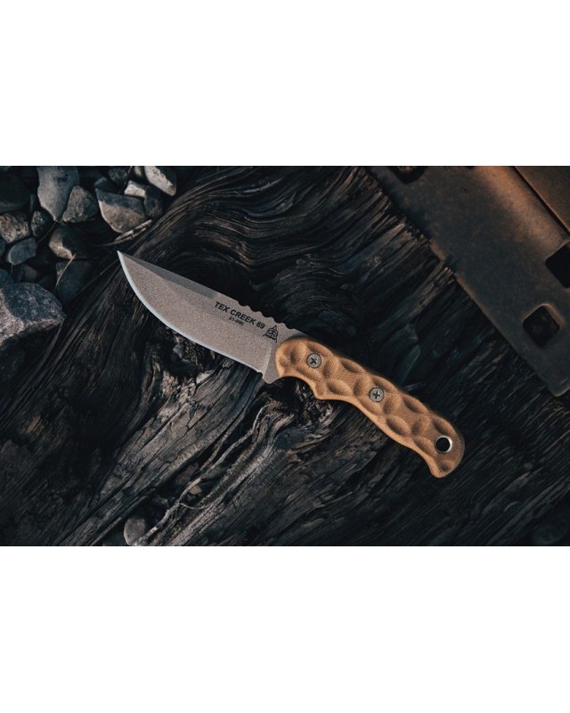 Tex Creek Hunter Fixed Blade 1095HC steel Tan finish sculpted Tan micara handle waxed brown leather sheath Tex Creek Hunter Fixed Blade 1095HC steel Tan finish sculpted Tan micara handle waxed brown leather sheath