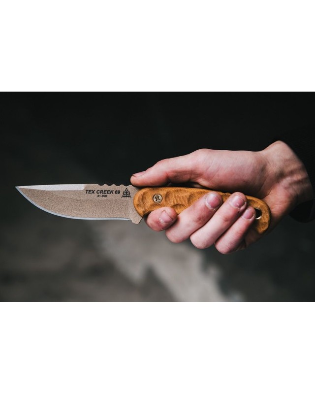 Tex Creek Hunter Fixed Blade 1095HC steel Tan finish sculpted Tan micara handle waxed brown leather sheath Tex Creek Hunter Fixed Blade 1095HC steel Tan finish sculpted Tan micara handle waxed brown leather sheath