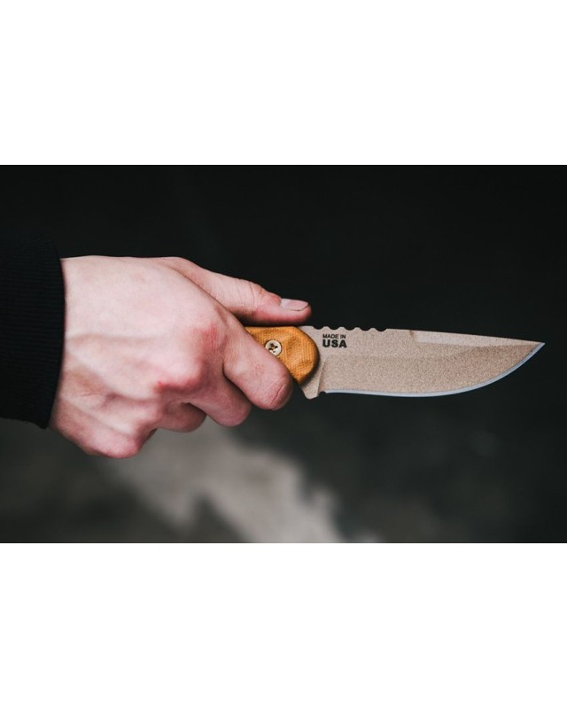 Tex Creek Hunter Fixed Blade 1095HC steel Tan finish sculpted Tan micara handle waxed brown leather sheath Tex Creek Hunter Fixed Blade 1095HC steel Tan finish sculpted Tan micara handle waxed brown leather sheath