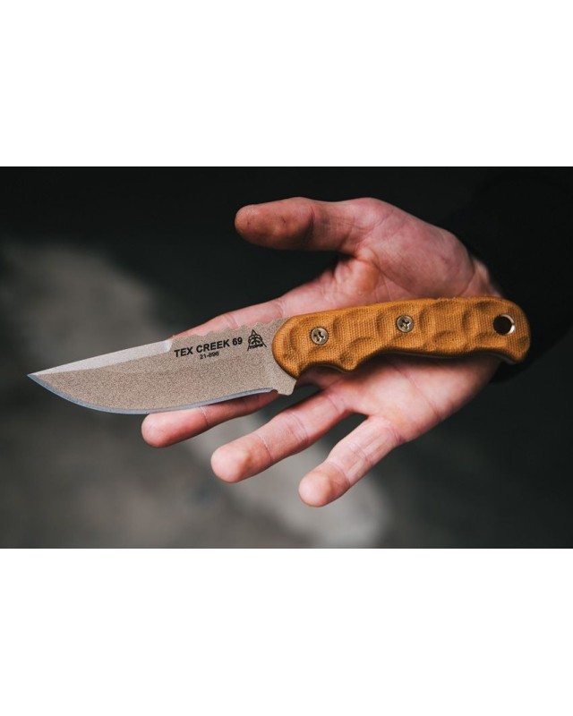 Tex Creek Hunter Fixed Blade 1095HC steel Tan finish sculpted Tan micara handle waxed brown leather sheath Tex Creek Hunter Fixed Blade 1095HC steel Tan finish sculpted Tan micara handle waxed brown leather sheath