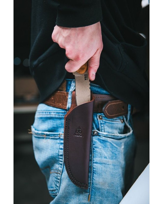 Tex Creek Hunter Fixed Blade 1095HC steel Tan finish sculpted Tan micara handle waxed brown leather sheath Tex Creek Hunter Fixed Blade 1095HC steel Tan finish sculpted Tan micara handle waxed brown leather sheath