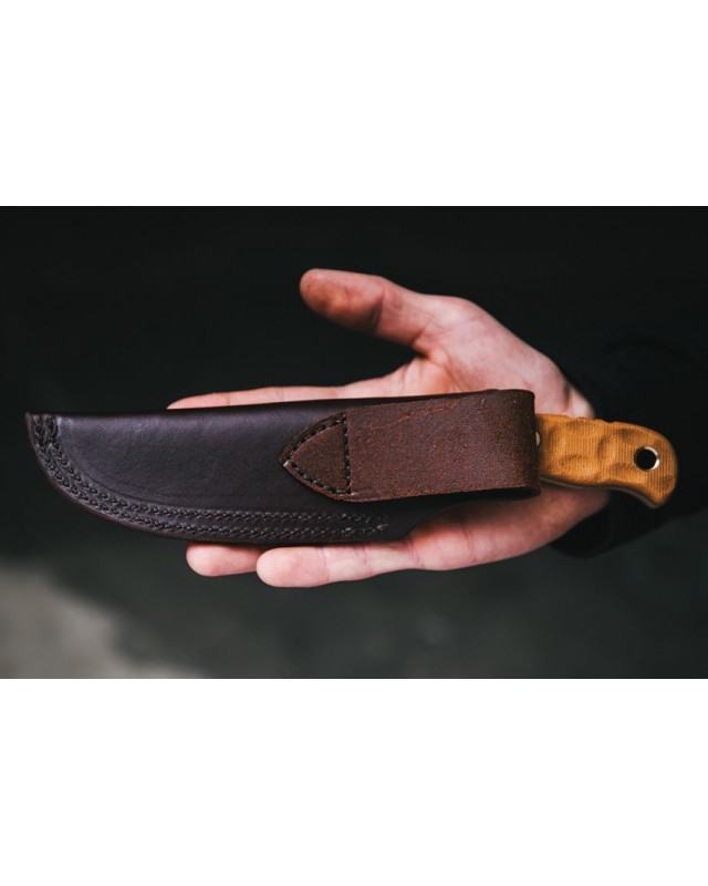 Tex Creek Hunter Fixed Blade 1095HC steel Tan finish sculpted Tan micara handle waxed brown leather sheath Tex Creek Hunter Fixed Blade 1095HC steel Tan finish sculpted Tan micara handle waxed brown leather sheath