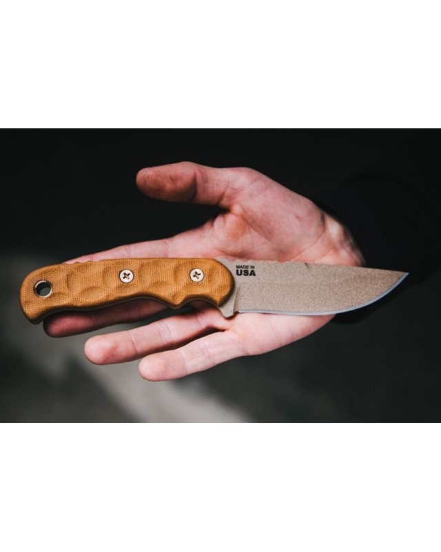 Tex Creek Hunter Fixed Blade 1095HC steel Tan finish sculpted Tan micara handle waxed brown leather sheath Tex Creek Hunter Fixed Blade 1095HC steel Tan finish sculpted Tan micara handle waxed brown leather sheath