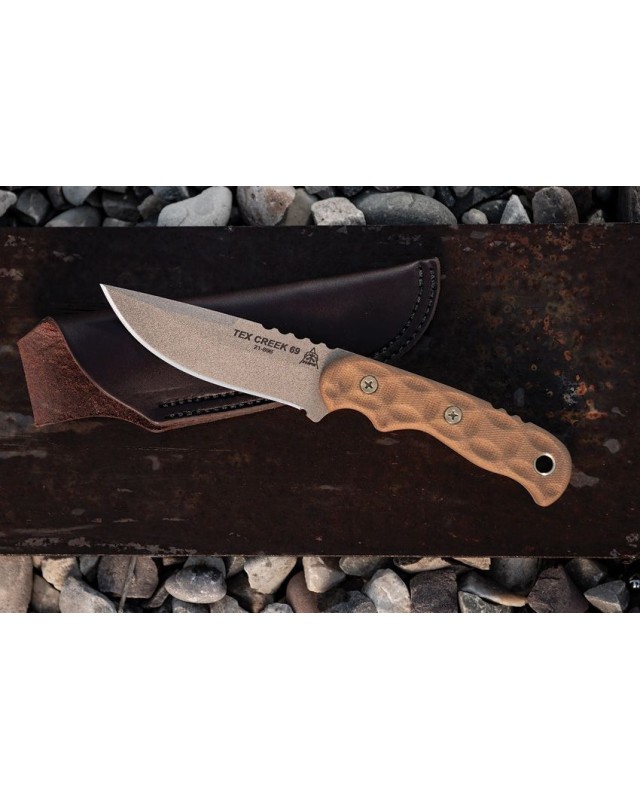 Tex Creek Hunter Fixed Blade 1095HC steel Tan finish sculpted Tan micara handle waxed brown leather sheath Tex Creek Hunter Fixed Blade 1095HC steel Tan finish sculpted Tan micara handle waxed brown leather sheath