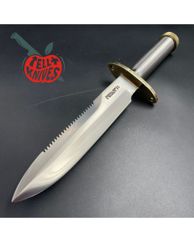 Vintage 90ies Model 18 forged stainless steel tube handle brass guard and pommel brown leather