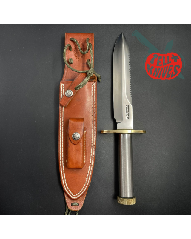 Vintage 90ies Model 18 forged stainless steel tube handle brass guard and pommel brown leather