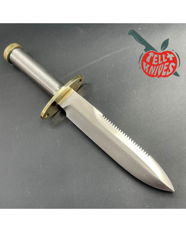 Vintage 90ies Model 18 forged stainless steel tube handle brass guard and pommel brown leather