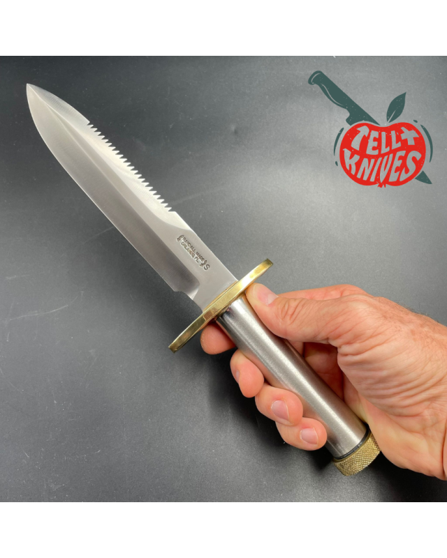 Vintage 90ies Model 18 forged stainless steel tube handle brass guard and pommel brown leather