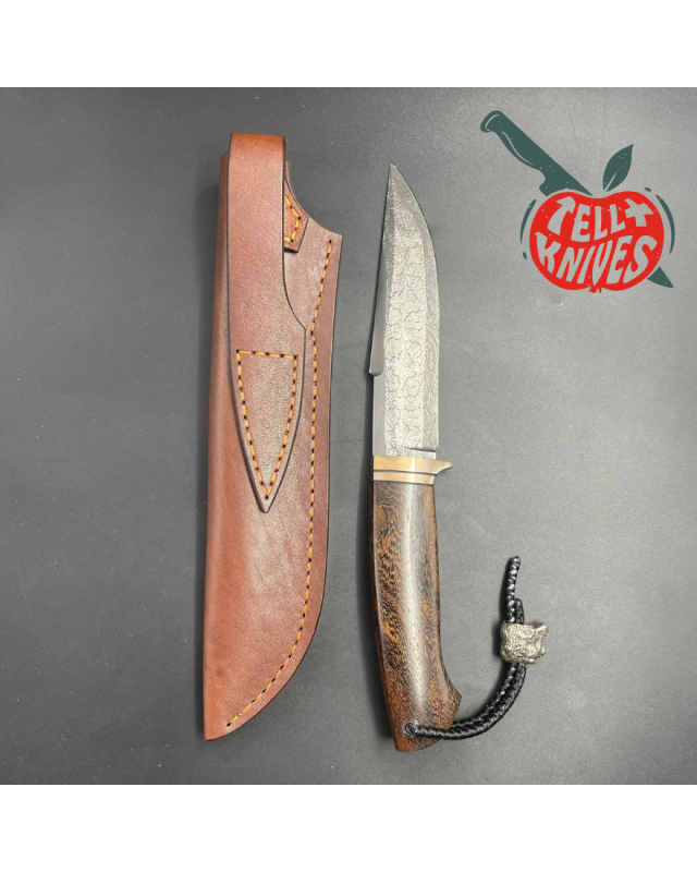 Kong Fighter Mosaic Damascus Wenge wood handle brown leather sheath