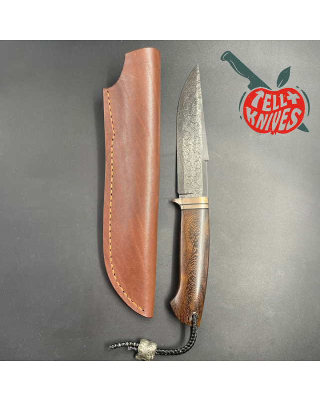 Kong Fighter Mosaic Damascus Wenge wood handle brown leather sheath