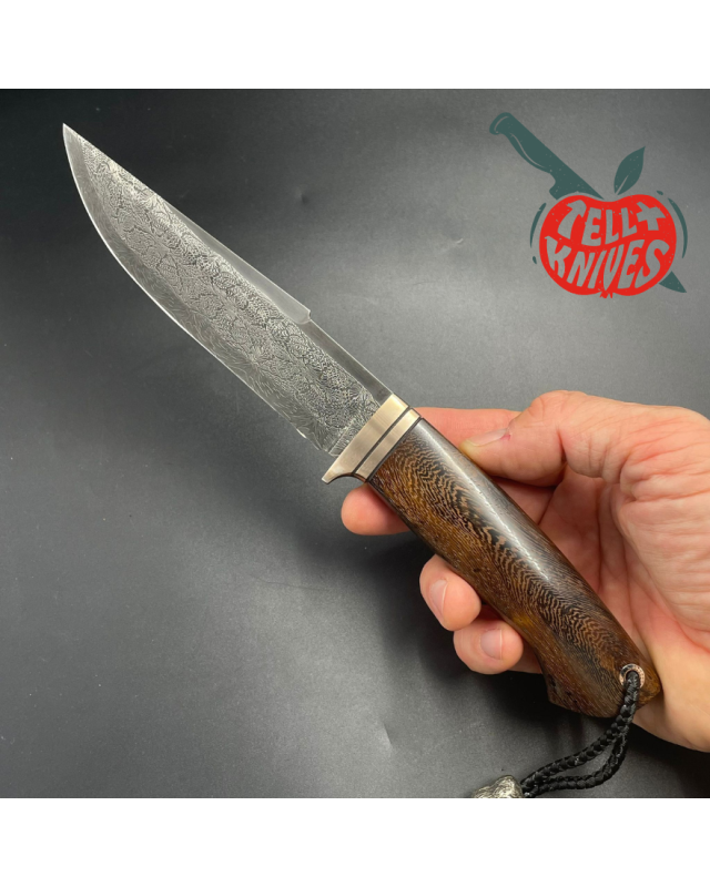 Kong Fighter Mosaic Damascus Wenge wood handle brown leather sheath