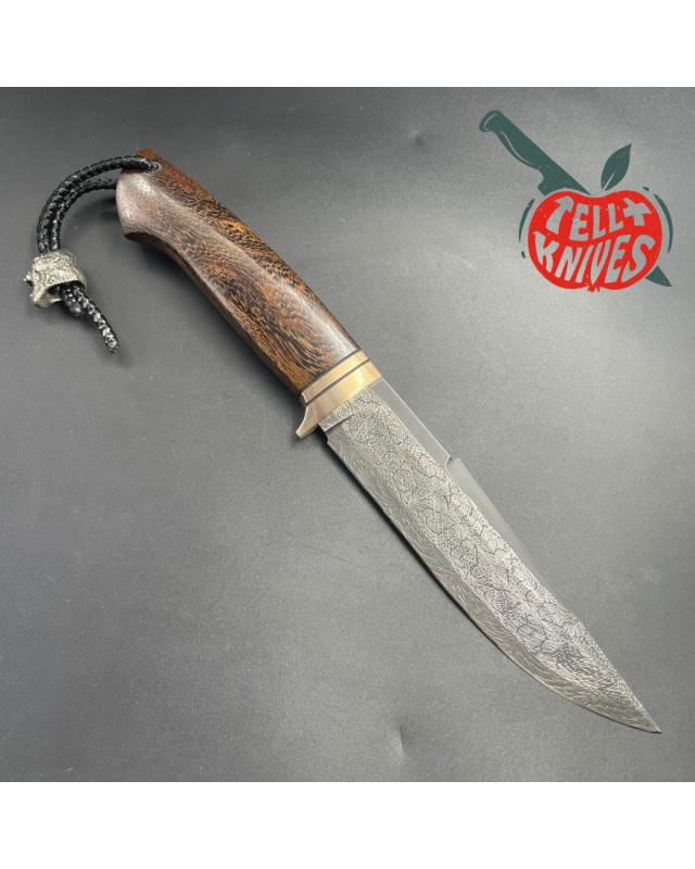 Kong Fighter Mosaic Damascus Wenge wood handle brown leather sheath