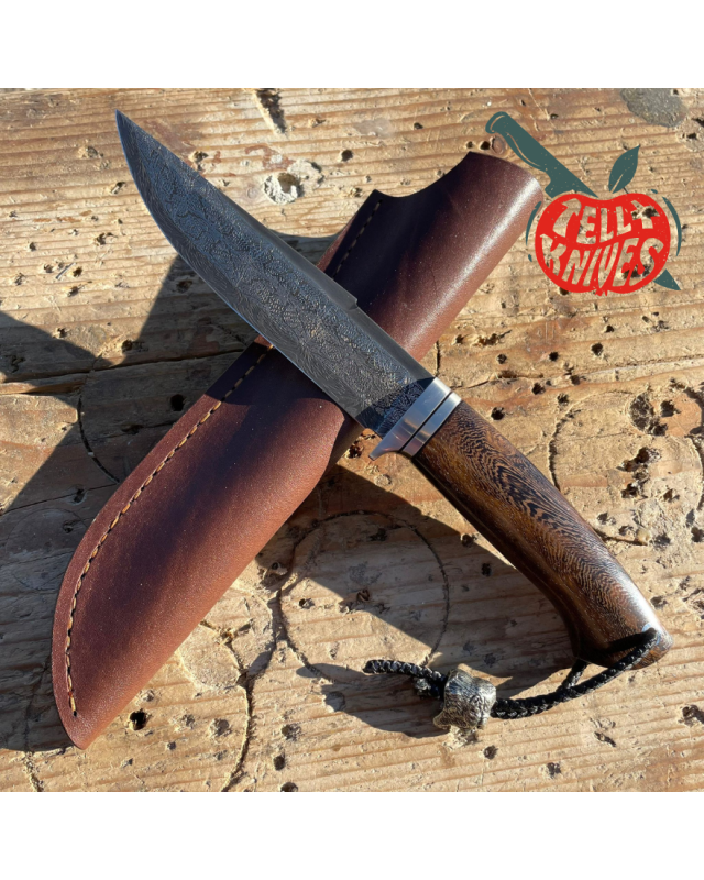 Kong Fighter Mosaic Damascus Wenge wood handle brown leather sheath