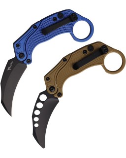 EXO-K Gravity Knife Karambit Button Lock Blue Aluminium N690 Steel Blackwash finish + training knife