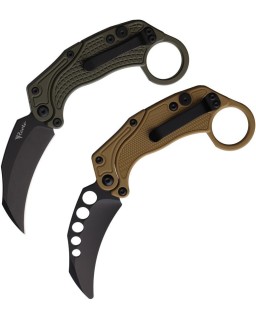 EXO-K Gravity Knife Karambit Button Lock Dark Green Aluminium N690 Steel Blackwash finish + training knife