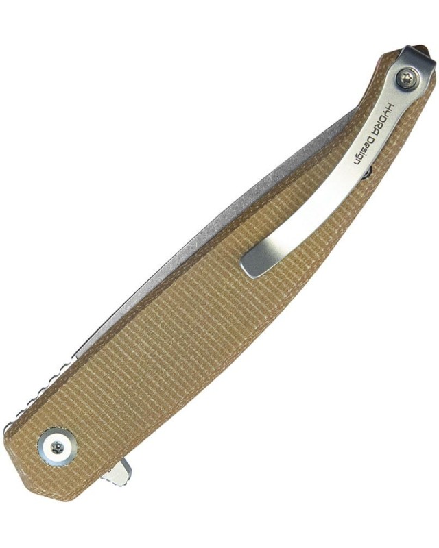 MOS Hydra Design Linerlock Tan micarta 14C28N steel stonewash finish MOS Hydra Design Linerlock Tan micarta 14C28N steel stonewash finish