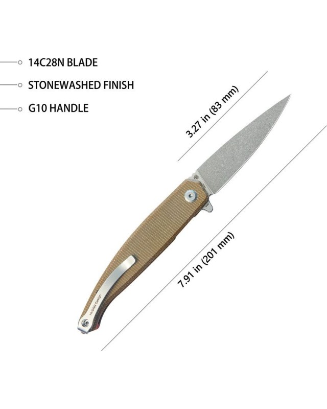 MOS Hydra Design Linerlock Tan micarta 14C28N steel stonewash finish MOS Hydra Design Linerlock Tan micarta 14C28N steel stonewash finish
