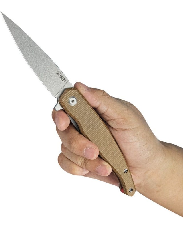 MOS Hydra Design Linerlock Tan micarta 14C28N steel stonewash finish MOS Hydra Design Linerlock Tan micarta 14C28N steel stonewash finish