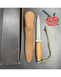 Vintage 80ies Pig Sticker 440C steel grey coating wood handle leather sheath original box