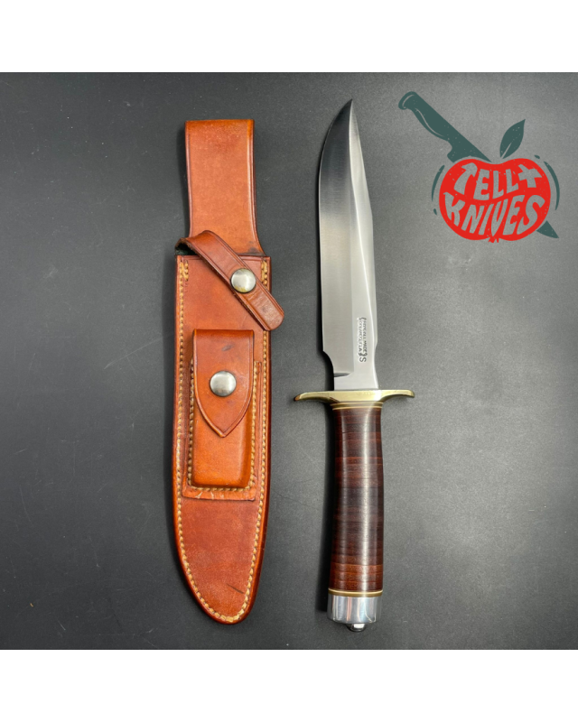 Vintage 80ies Model 1-7 forged stainless steel stacked leather brown leather roughback sheath with stone