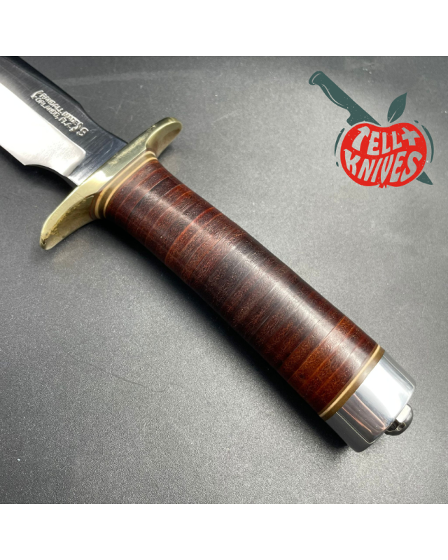 Vintage 80ies Model 1-7 forged stainless steel stacked leather brown leather roughback sheath with stone