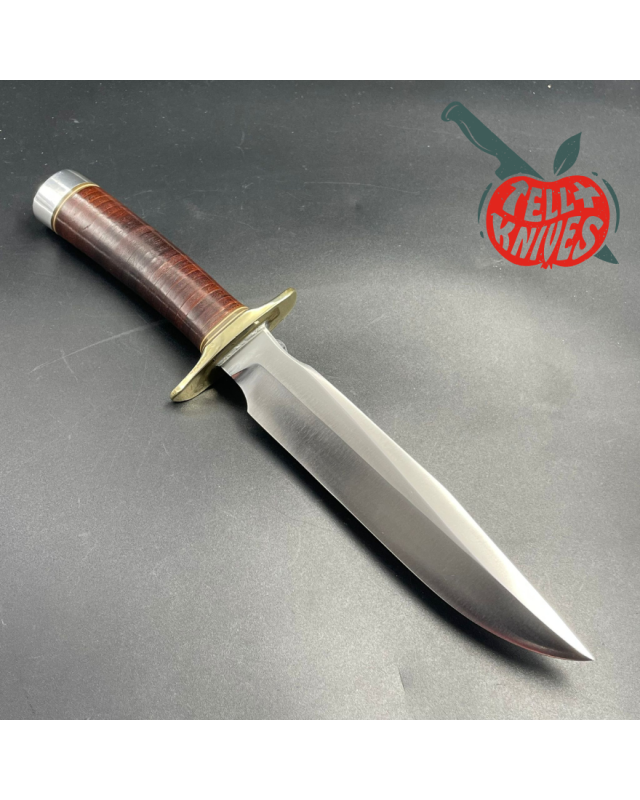 Vintage 80ies Model 1-7 forged stainless steel stacked leather brown leather roughback sheath with stone