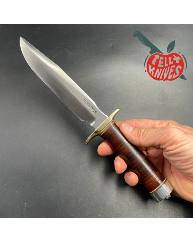 Vintage 80ies Model 1-7 forged stainless steel stacked leather brown leather roughback sheath with stone