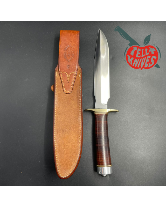 Vintage 80ies Model 1-7 forged stainless steel stacked leather brown leather roughback sheath with stone