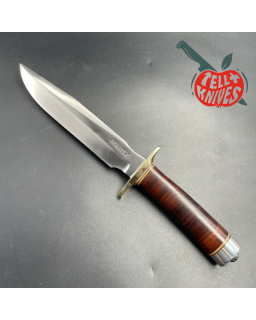 Vintage 80ies Model 1-7 forged stainless steel stacked leather brown leather roughback sheath with stone
