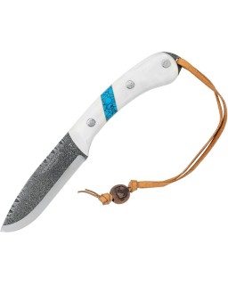 Blue River Fixed Blade Knife 1095HC carbon steel scandi grind white micarta handle turquoise inlay brown leather sheath