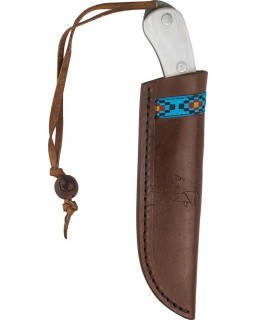 Blue River Fixed Blade Knife 1095HC carbon steel scandi grind white micarta handle turquoise inlay brown leather sheath