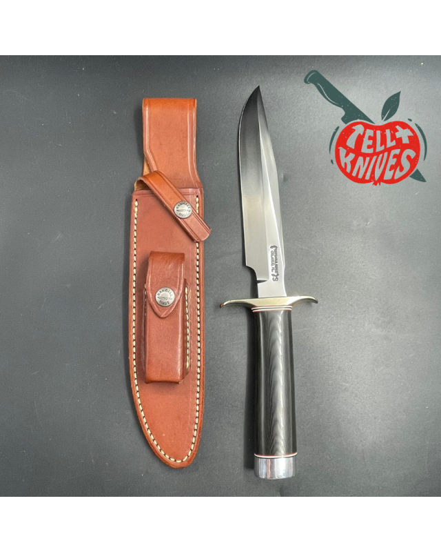 Model 1-7 forged stainless steel black micarta handle nickel silver guard brown leather sheath with stone