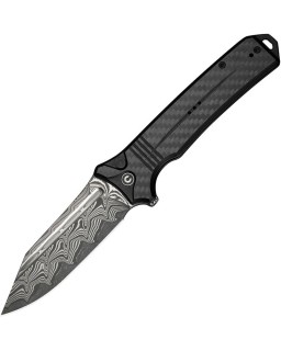 Neurohaptic Button Lock Damascus steel Carbon Fiber handle