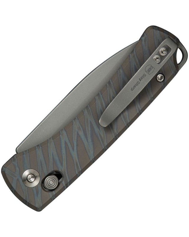 Nightblade Crossbar Lock CPM-20CV steel dark stonewash finish tiger stripes flammed titanium handle DBK design Nightblade Crossbar Lock CPM-20CV steel dark stonewash finish tiger stripes flammed titanium handle DBK design