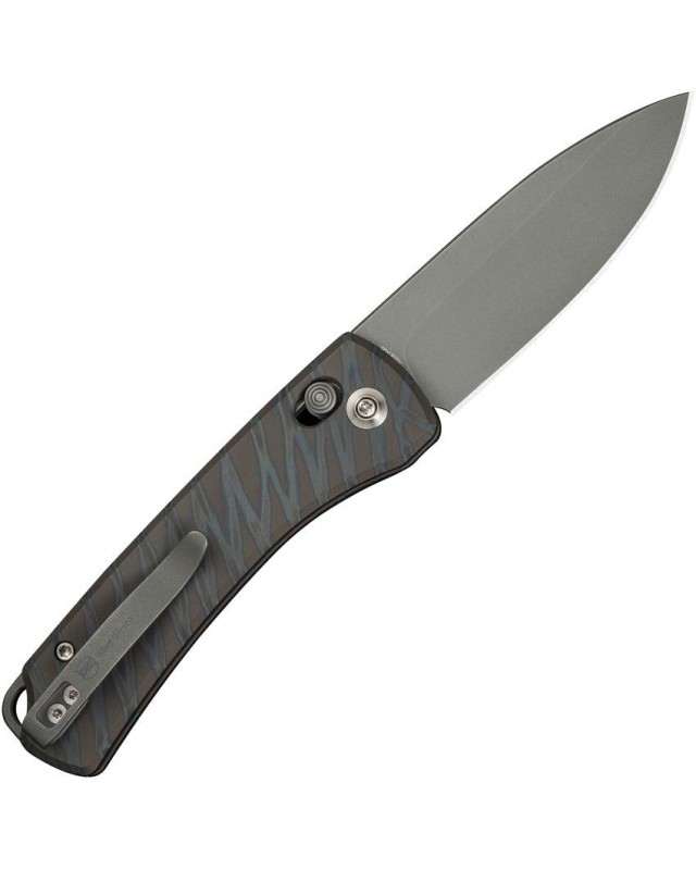 Nightblade Crossbar Lock CPM-20CV steel dark stonewash finish tiger stripes flammed titanium handle DBK design Nightblade Crossbar Lock CPM-20CV steel dark stonewash finish tiger stripes flammed titanium handle DBK design
