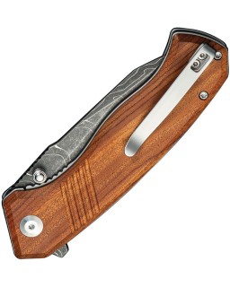 Placoid folding knife Damascus steel Guibourtia Wood Handle Flipper