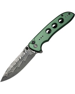 Hyperpulse folding knife Damascus blade Button Lock Green Aluminium Handle Flipper