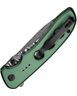 Hyperpulse folding knife Damascus blade Button Lock Green Aluminium Handle Flipper