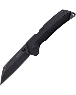 Karve folding knife AUS-10A steel blackwash finish Atlas Lock Black G10 handle Seax style blade