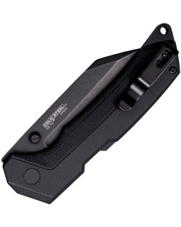 Karve folding knife AUS-10A steel blackwash finish Atlas Lock Black G10 handle Seax style blade